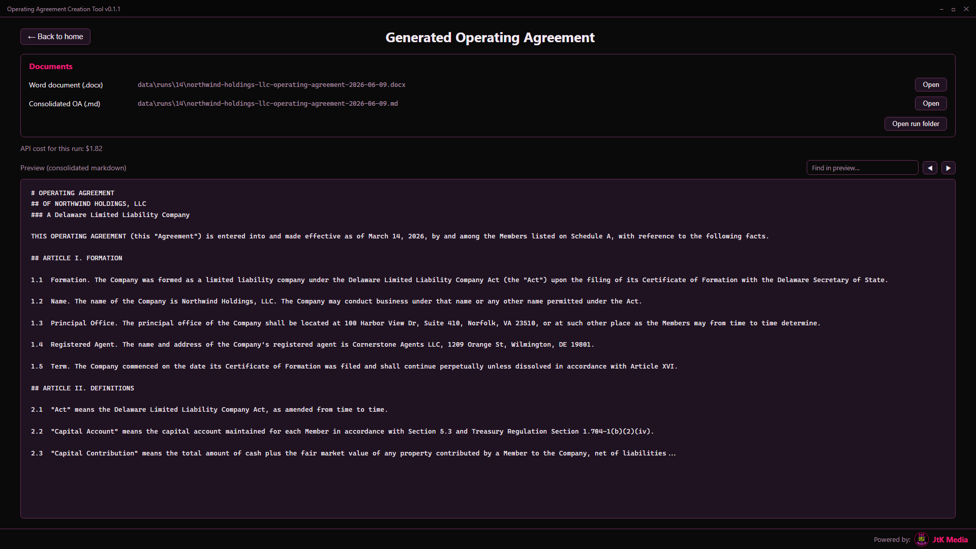 Generated operating agreement, ready to export