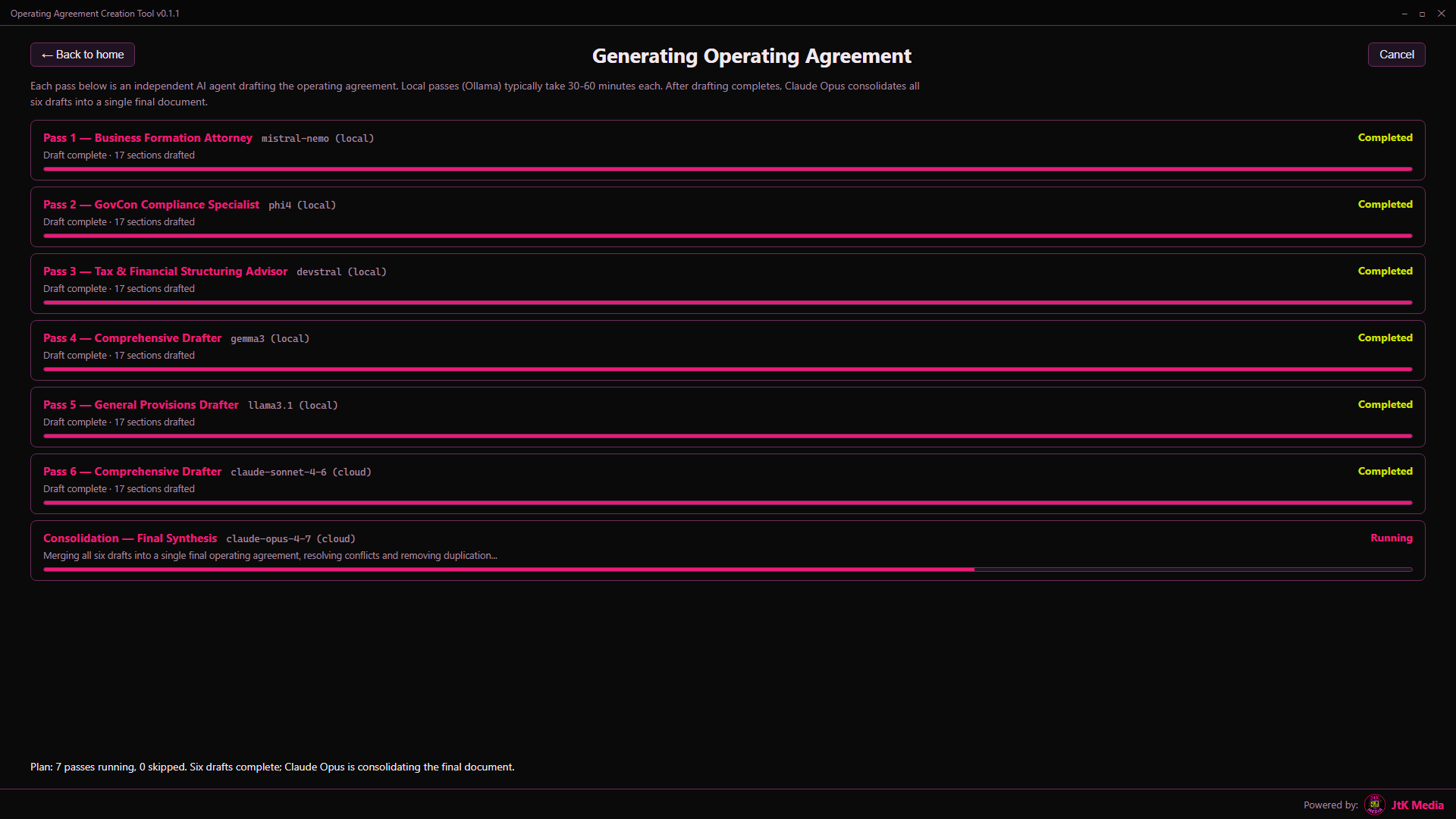 Six AI drafters plus Opus consolidation