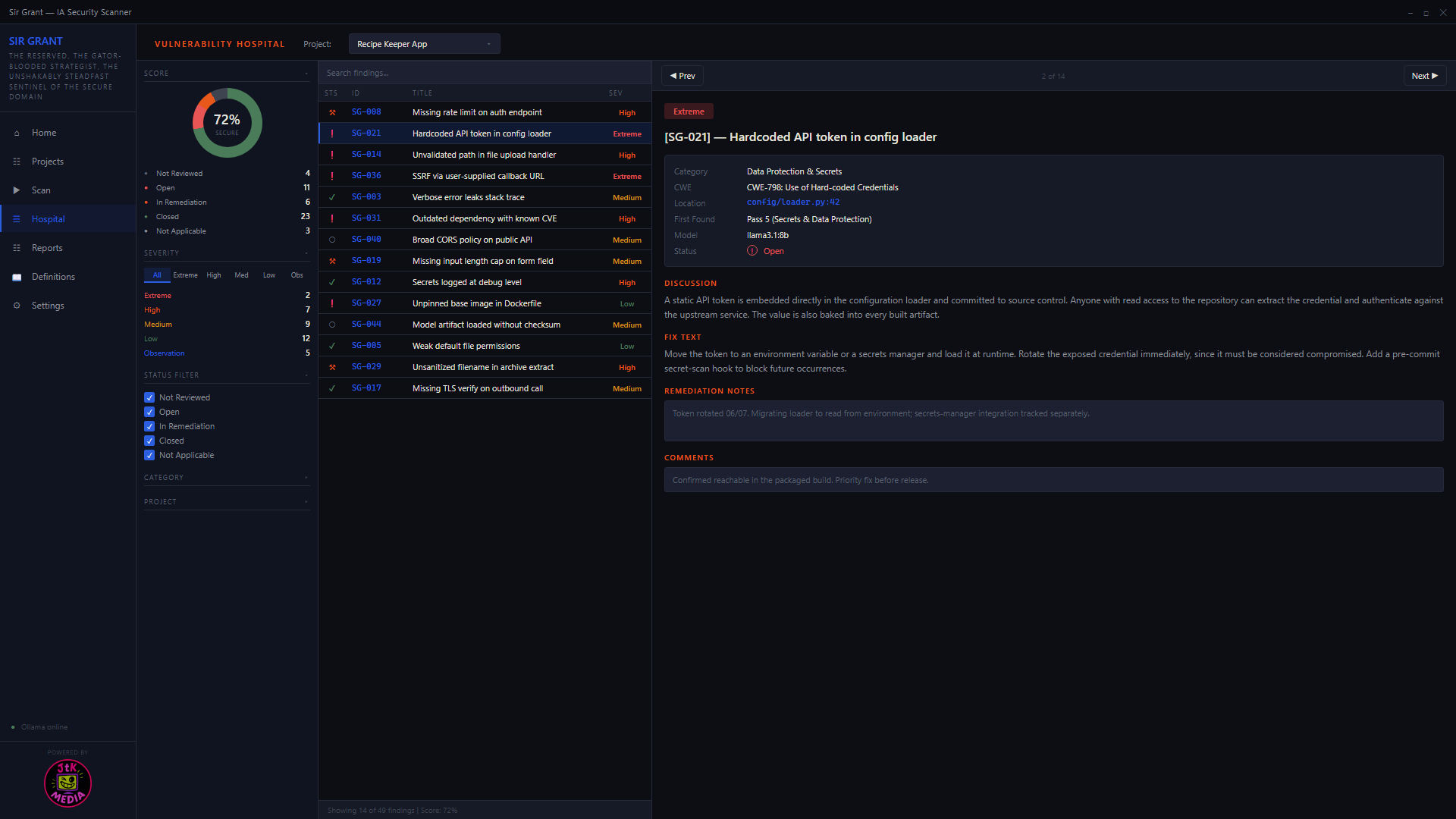 Live findings console triaging a scan