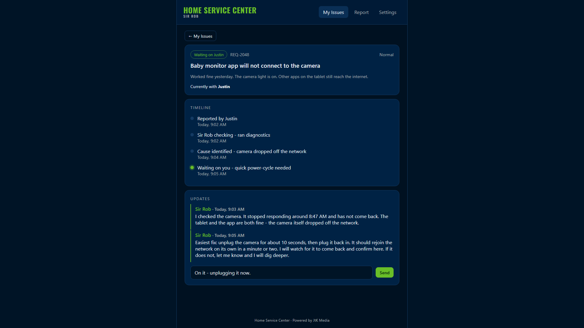 Sir Rob - Service ticket and timeline